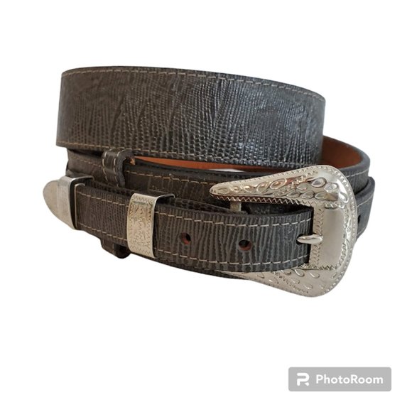 Vtg Gray Lizard Grain Cowhide Leather Ranger Western Belt Silver Sz 34 USA NWOT - Picture 1 of 11